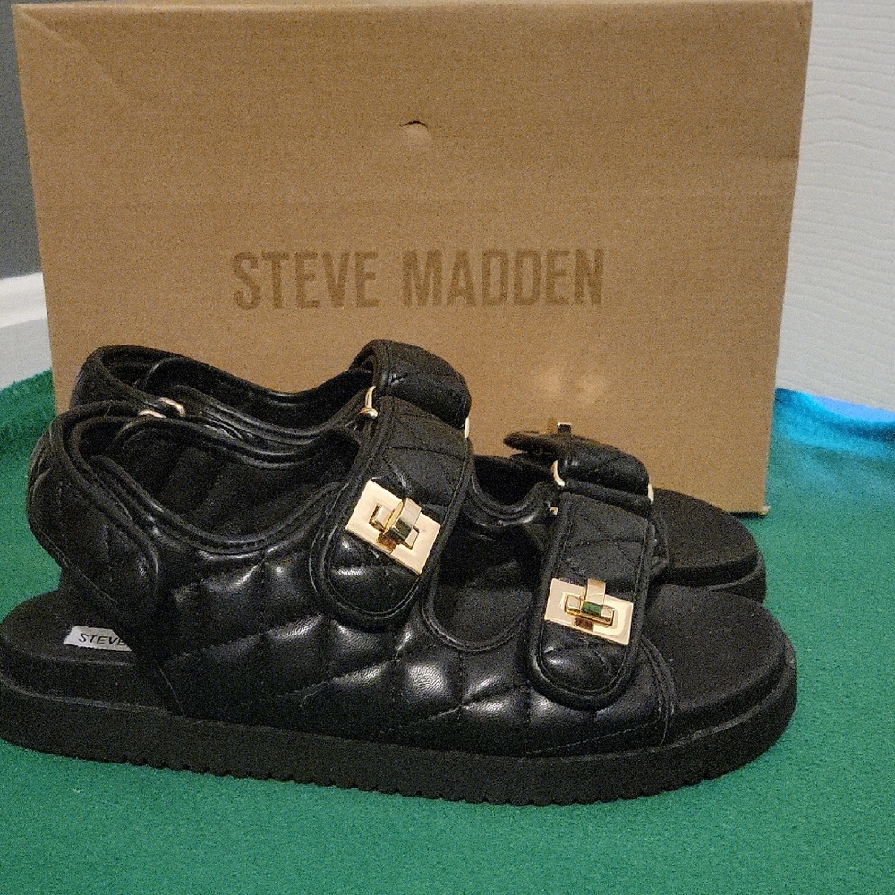 Steve Madden Black Quilted Sandals with Gold Buckles